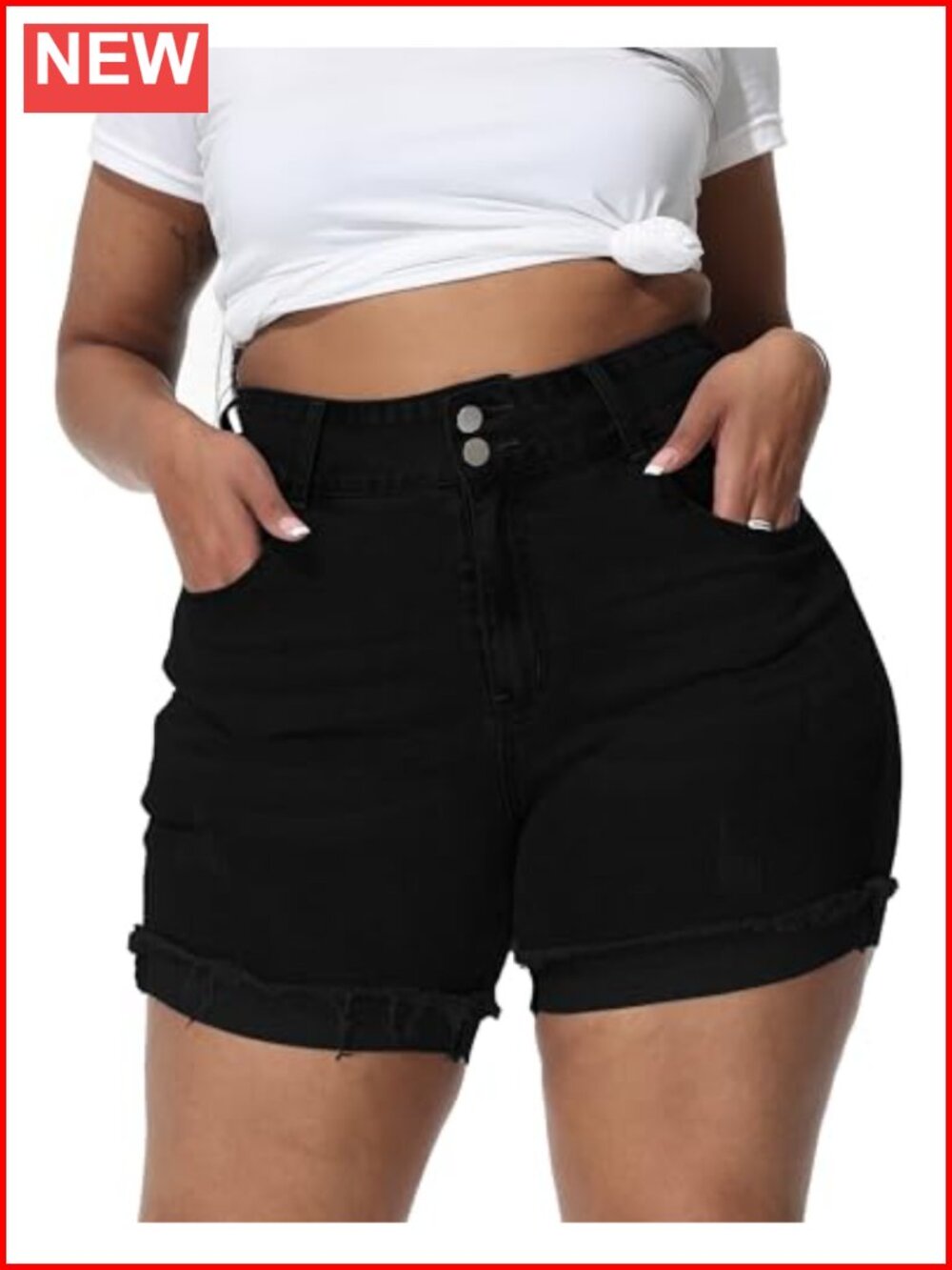 Plus Size High Waisted Stretchy Ripped Frayed Folded Hem Denim Shorts
